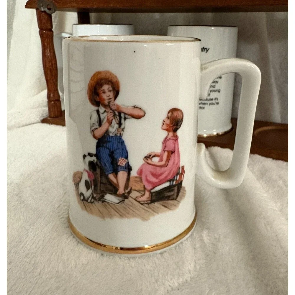 Vintage Norman Rockwell 1985-86 Mugs & Wooden Holder